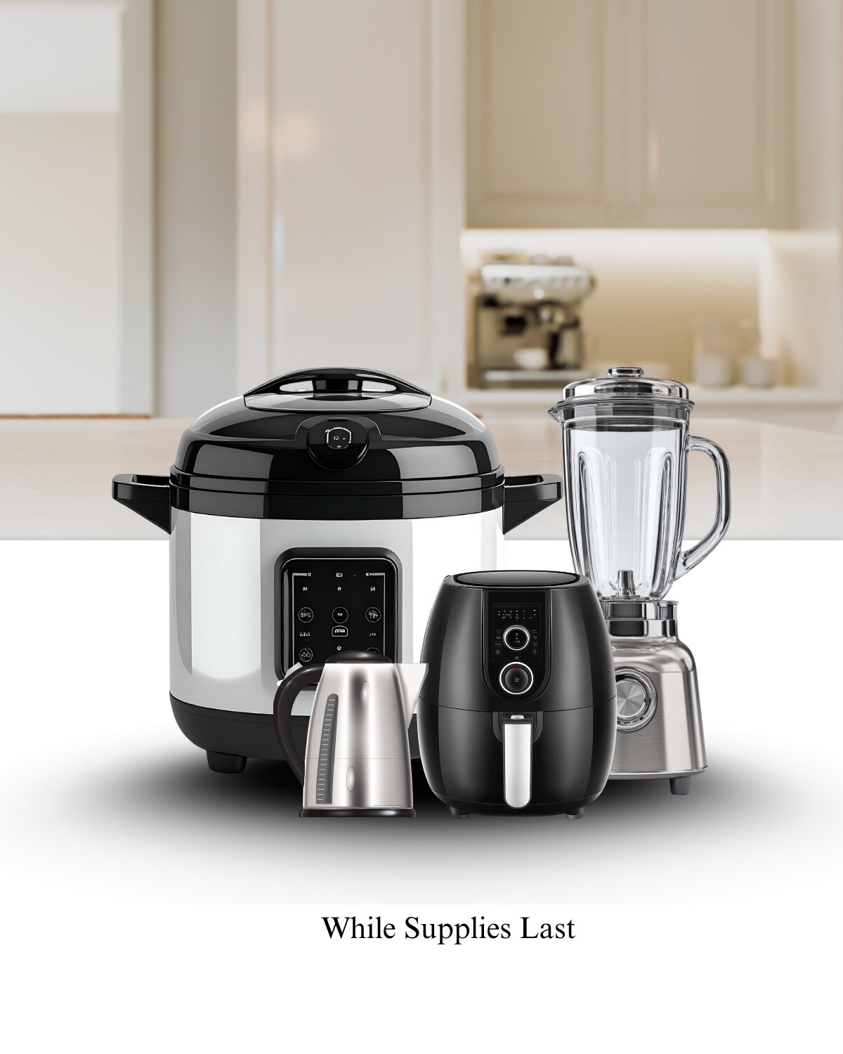 Cluster of small countertop appliances including a pressure cooker, air fryer, blender, and electric kettle