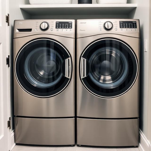 Front-load washer and dryer pair in a tidy laundry room