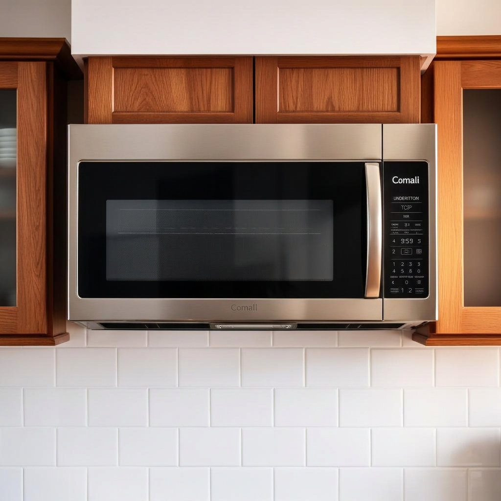 Stainless steel over-the-stove microwave oven installed above a range
