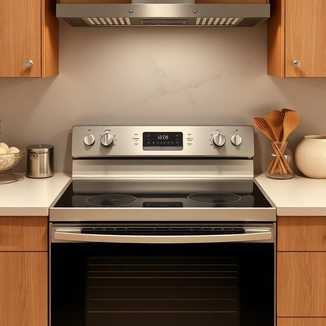 Electric range with a smooth glass cooktop in a warm kitchen