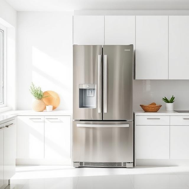 Stainless steel french-door refrigerator in a bright kitchen