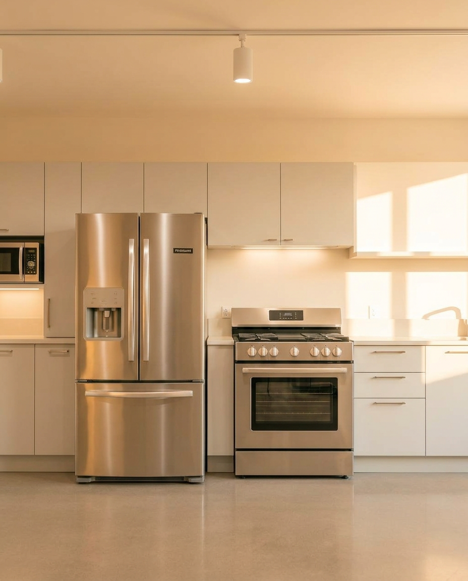 Softly lit appliance showroom with a stainless refrigerator and range